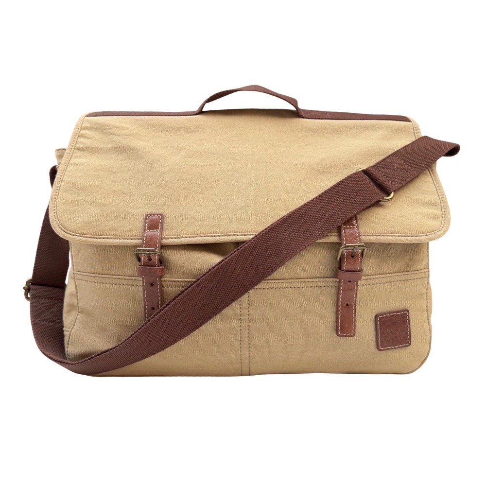 Roots Laptop Messenger Bag Tan Canvas Leather Buckle Red Interior Gorpcore New